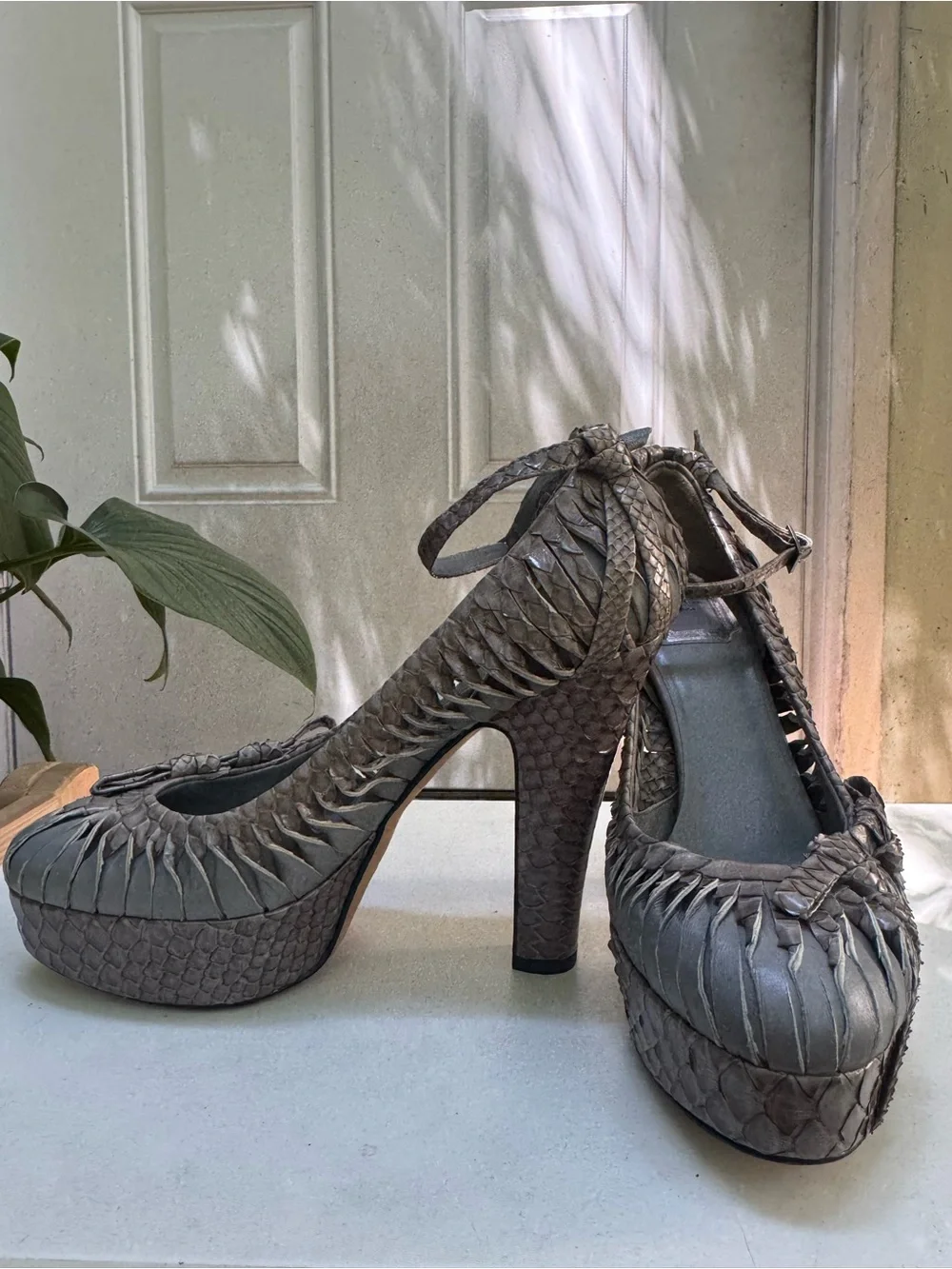 Dior Gray Woven Leather Platform Pumps with Ankle Strap